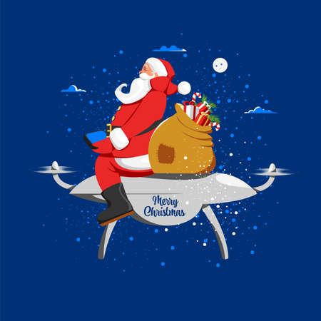 Santa Claus with a bag of gifts. vector image of a Christmas quadcopter. modern technologiesのイラスト素材
