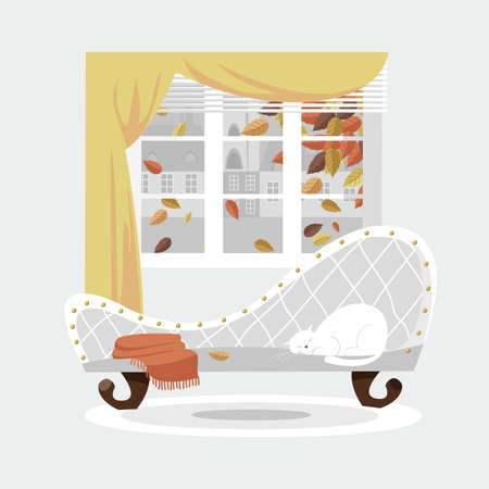 autumn at home. autumn interior. the cat sleeps on the sofa in the living room. vector imageのイラスト素材