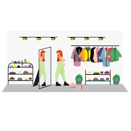 the girl tries on clothes. a woman buys shoes. clothing boutique. purchase. vector imageのイラスト素材