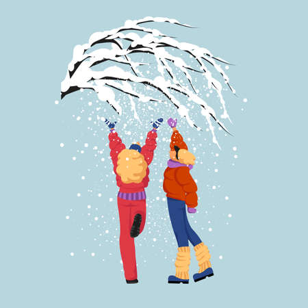 people in winter. two women in a snowfall. people in winter clothes in an open spaceのイラスト素材