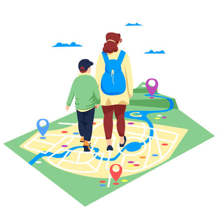 people map. people are walking on the map. travelers. vector image of peopleのイラスト素材