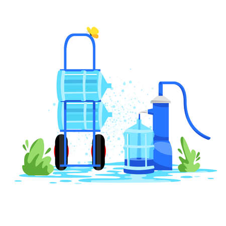 water source. water column. pouring water into bottles. drinking mineral waterのイラスト素材