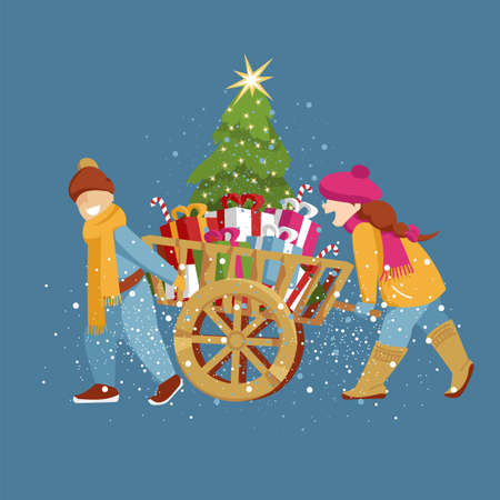 children christmas. two children are driving a cart with a Christmas tree and gifts. vector illustrationのイラスト素材