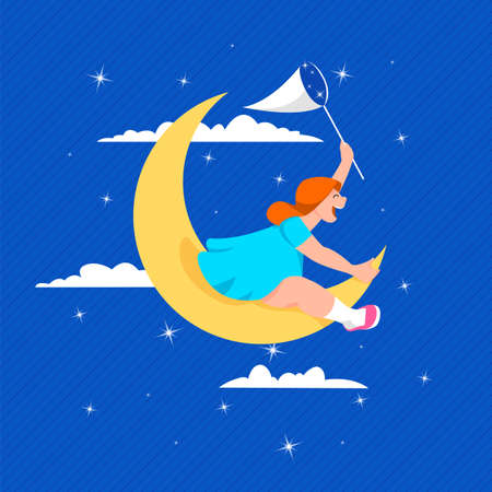 moon girl. a child riding on a crescent moon. a girl with a butterfly net catches stars. vectorのイラスト素材