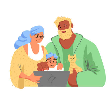 family at the computer. family support of the child. online communication. interview. vectorのイラスト素材