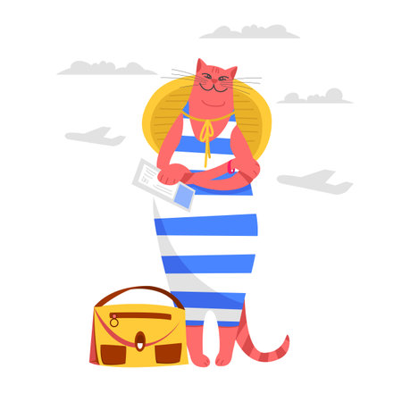 tourist cat. vector image of a cat in beach clothes. traveler with luggageのイラスト素材