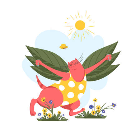 happy cat. the cat runs in nature. flight. butterfly wings. vector imageのイラスト素材