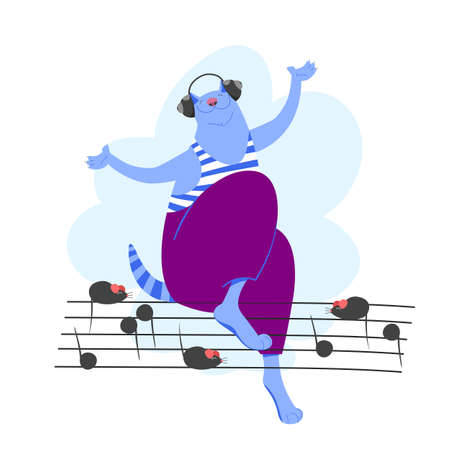 listen to music. funny vector image with a cat. notes and musical notation. animalsのイラスト素材