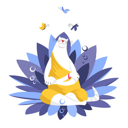 the lotus pose. Indian philosophy. yoga cat. funny vector image of a figure with a lotus flowerのイラスト素材