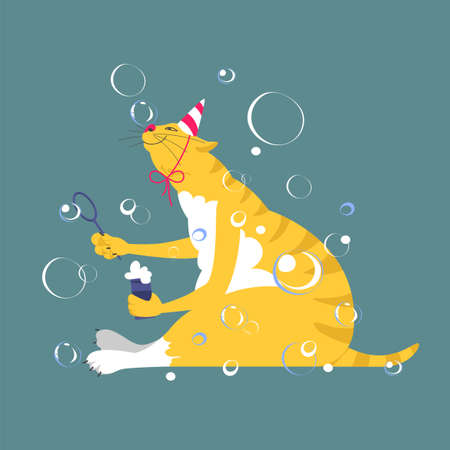 cat. holiday. vector illustration of a happy cat. pet. soap balls. party hatのイラスト素材