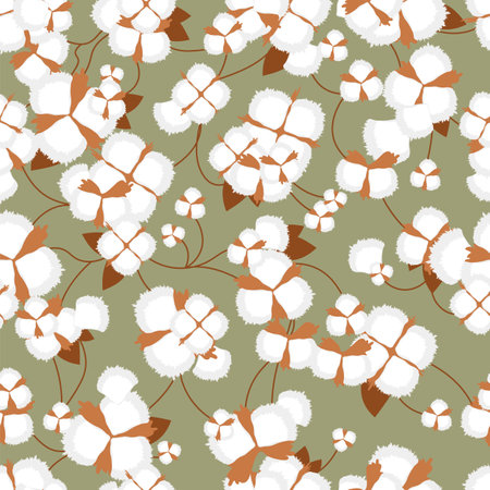 cotton. plant. vector seamless background. white flowers. raw plant.のイラスト素材