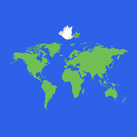 world map. pigeon. Vector graphic image of a bird with an olive branch. The silhouette of the map. The Dove of Peaceのイラスト素材