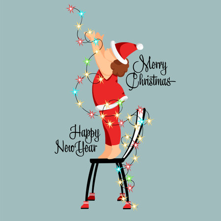 Merry Christmas. child. vector image of a girl in a santa costume. Congratulatory inscription. post cardのイラスト素材
