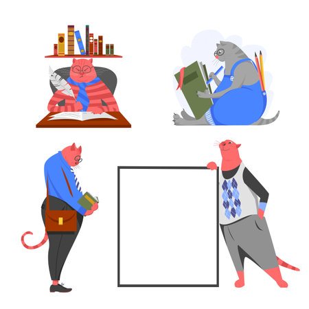 science cat. a set of vector images with cats. training. teaching. reading booksのイラスト素材
