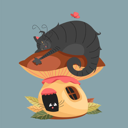 cat and mouse. vector illustration for children. a cat on a big mushroom. mushroom house. autumn leavesのイラスト素材