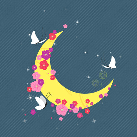 the moon is in the sky. a crescent moon with flowers and butterflies. vector image of the moon. abstract postcardのイラスト素材
