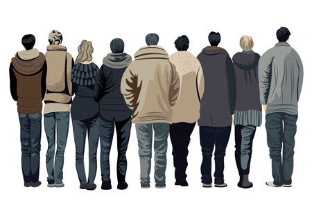 horizontal image of people. a crowd of people. rear view. people with their backs. a group of men and women. vectorのイラスト素材