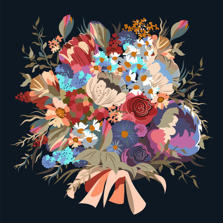 bouquet of flowers. roses and peonies. chamomile and calendula. flower arrangement with flowers. vector illustration on a dark backgroundのイラスト素材