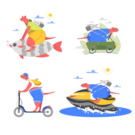a set of vector illustrations with various modes of transport. a playful image of catsのイラスト素材
