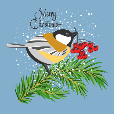 Christmas. New Year. Vector image of a bird with berries on a branch of a fir tree. Congratulationのイラスト素材
