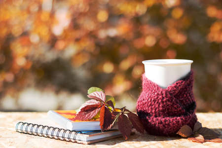 A cup of coffee is wrapped in a burgundy woolen scarf. Notepads and autumn leaves lie on a wooden...