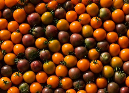 A group of fresh, bright, ripe tomatoes. Small fruits of red and yellow color. Vegetarianism. Wallpaper.の写真素材