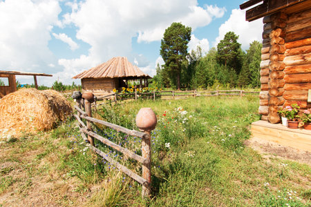Village yard with buildings. Clay pots hang on the fence. Yellow hay. Wildflowers in a green meadow. Blue sky with white clouds. There is a forest in the background.の写真素材