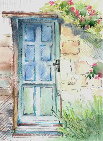 Watercolor. Door. Provence.の写真素材