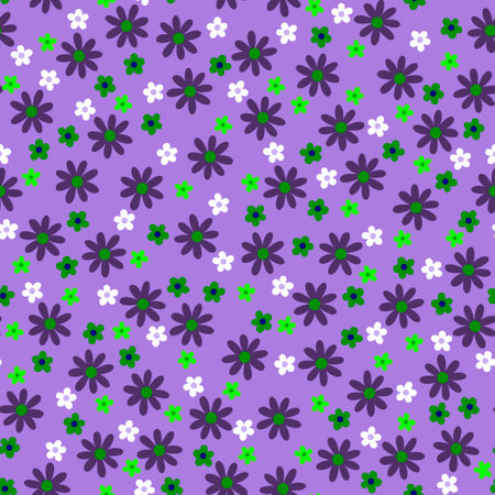 Bright floral seamless pattern with small simple flowers isolated on a lilac, violet background Vintage, retro, rustic, country style Baby doll Ditsy floral dress fashion printの写真素材