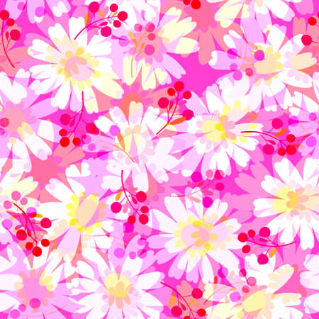 Spring - summer floral layered seamless pattern Delicate transparent white daisies and red berries on a bright pink backgroundの写真素材