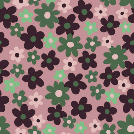 Abstract spring limited colors floral seamless pattern Cute simple flat flowers isolated on a pink background Pale, dim, muted limited colorsの写真素材