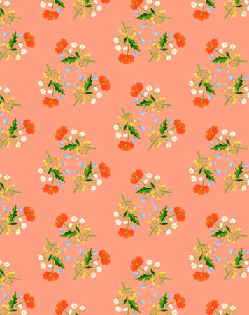Cute bright summer seamless pattern with simple field meadow chamomile, poppy, buttercup flowers Pink, peach, coral background Simple, rustic, classic, country, Provencal, vintage styleの写真素材