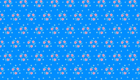 Cute romantic Ditsy floral dress print seamless pattern Delicate decorative pink and blue flowers isolated on a bright blue background Flat lay design, limited light pastel colors Simple, folk; rustic, classic, country, vintage, retro styleの写真素材