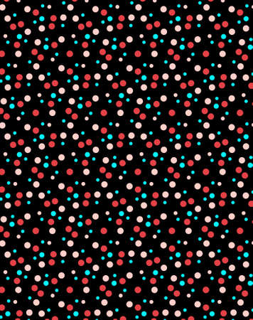 Fun bright simple geometric polka dots pattern Delicate small red, pink and blue circles on a black background Flat lay design fabric print Folk, rustic, cottage decor, traditional, retro, vintage style Minimal, limited colorsの写真素材