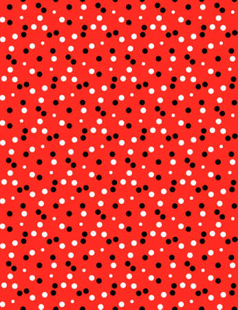 Bright simple geometric polka dot pattern Small white and black circles on a red background Folk,...