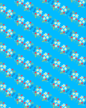 Decorative diagonal floral borders of white daisies, blue cornflowers, red strawberries and summer...