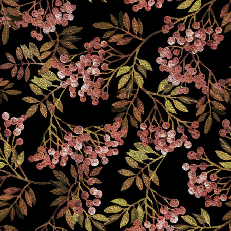 Seamless pattern of rowan branch with berries on a colored backgroundの写真素材