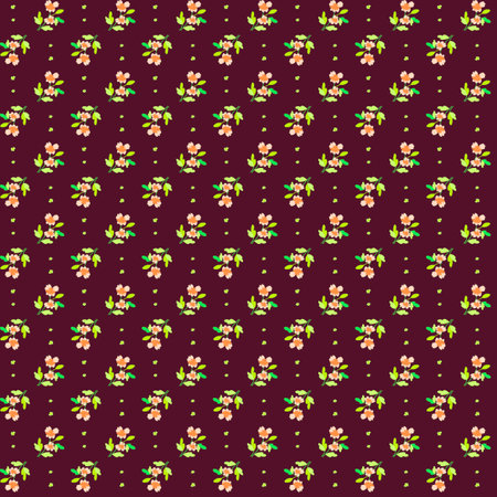Spring summer botanical fabric print Seamless pattern Simple small pink flowers and green leaves isolated on a dark brown background Modest rustic, cottage decor, farmhouse, simple life, country styleの写真素材