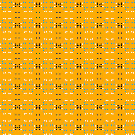 Bright small white, blue and black polka dots abstract geometric pattern on yellow background Traditional seamless fabric pattern in minimalist styleの写真素材