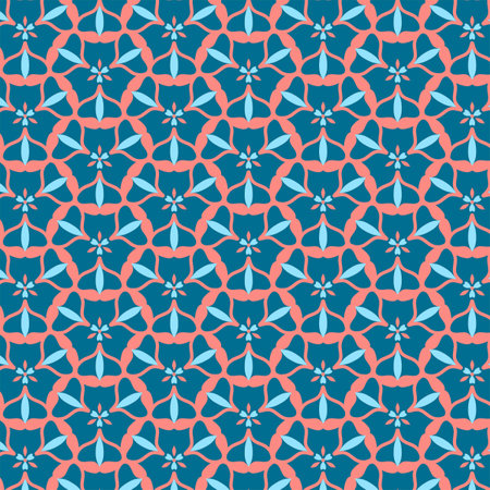 Abstract mosaic geometric pattern of pastel bleached blue and orange stylized floral motifs on a dark blue background Modern geometric fabric print in vintage style Decorative grid, tile, stained glass, parquet, quilt, patchwork imageの写真素材