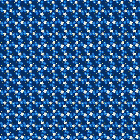 Bright summer joyful floral fabric pattern with white daisies and small blue flowers on a dark blue background Ditsy flowers dress style Rustic, country, cottage decor, farmhouse, retro, vintage designの写真素材