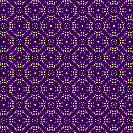 Bright small pink, yellow and lilac polka dots pattern on a purple violet background Vivid geometric trendy fabric seamless patternの写真素材