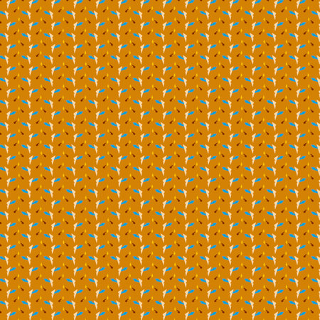 Bright small blue, yellow and brown polygonal geometric motifs isolated on an orange yellow brown background Modern abstract fabric seamless pattern in minimalist styleの写真素材