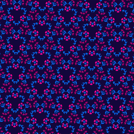 Vibrant botanical pattern of pink flowers and blue leaves isolated on a dark blue background Rustic, cottage decor, farmhouse, simple life, country styleの写真素材