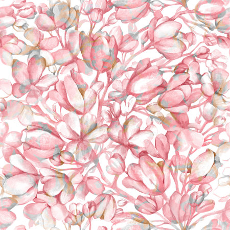Spring delicate watercolor pink flowers, petals, buds of flowering fruit trees Cute floral blurry seamless pattern in natural muted bleached colors Watercolor hand painted backgroundの写真素材