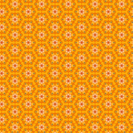 Modern geometric stylizedfloral fabric and paper pattern Bright red, blue and white mosaic flower motifs on a warm dark yellow backgroundの写真素材
