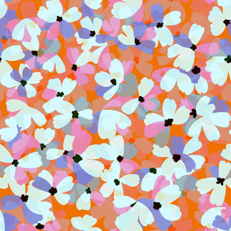 Spring summer floral mosaic seamless fabric and paper pattern Simple flat white pink blue flowers on a muted orange- coral background Rustic, cottage, country decor, retro styleの写真素材
