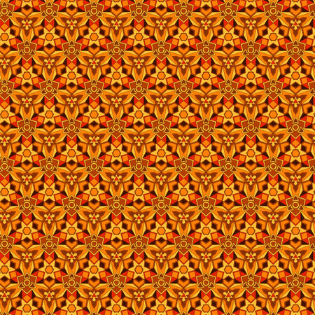 Bright warm autumn colors geometric floral pattern Abstract yellow, orange, red and brown mosaic motifs Decorative tiles, lattice, kaleidoscopeの写真素材