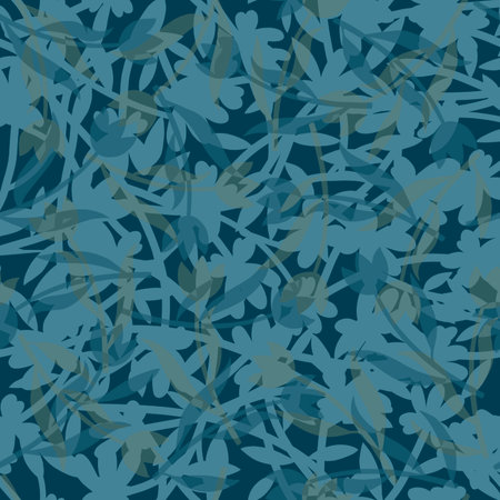 Delicate layered transparent flowers and leaves Abstract floral fabric and paper seamless pattern Muted pastel blue and green colors shadesの写真素材