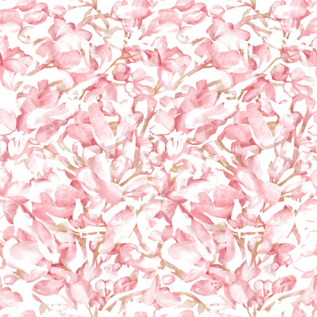 Spring delicate watercolor pink flowers, petals, buds of flowering apple trees Floral blurry seamless pattern in natural bleached pastel colors Watercolor hand painted backgroundの写真素材